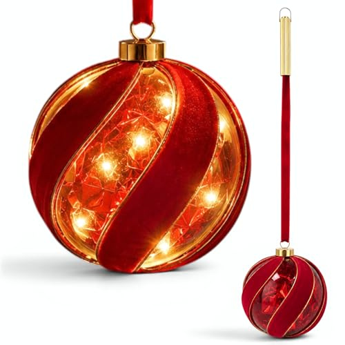 MIJOMA Leuchtkugel 14 cm – 30 warmweiße Micro-LEDs, roter Samtlook | Timer – hängende Herbst- und Winterdeko für Innenräume