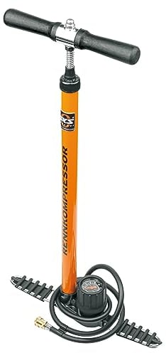 SKS GERMANY RENNKOMPRESSOR MESSINGNIPPEL Standpumpe (Luftpumpe SV-Ventile, Präzisions-Manometer, Metallrohr, Gusseisenfuß, Holzgriff, max. Druck: 16 bar / 230 PSI), orange