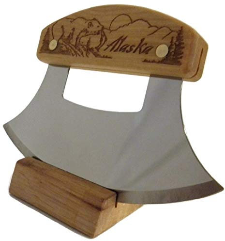 Alaskan Inupiat Ulu mit Bär und Berg, geätzter Birkengriff, 15,9 cm Klinge,