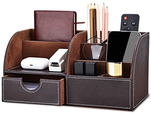 KINGFOM PU Leather Office Desk Organiser Tidy Pen Pencil Pots Holder Stationery Storage Box Desk Accessories Brown