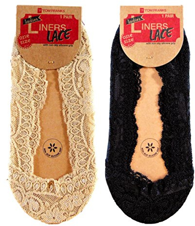 2 Pairs Ladies Girls Shoe Liners Lace Footsies Nude Black Invisible Sock Grip Pads 4-7