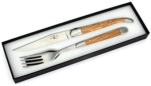 Forge de Laguiole - Steakmesser und Gabel je 1x im Set - Griff Olivenholz - Besteck Frankreich - Stahl satiniert