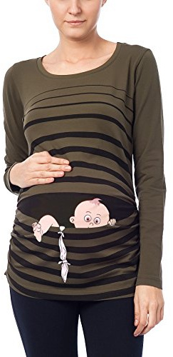 Baby Flucht - Lustige witzige süße Umstandsmode mit Motiv für die Schwangerschaft Umstandsshirt T-Shirt Schwangerschaftsshirt, Langarm (Khaki, Small)