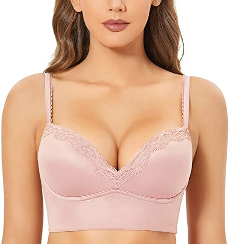DOBREVA Femme Soutien-Gorge sans Armatures Rembourré Push Up Triangle Bralette en Dentelle Rose Nue 100D