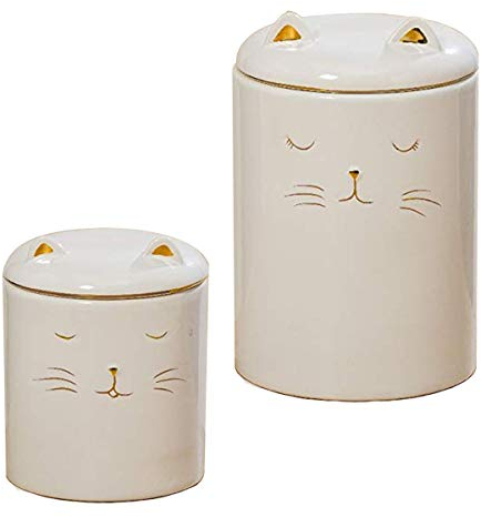 CasaJame Aufbewahrungsbox, für Küche, Aufbewahrung, Lebensmittel, 2 Boxen aus Steingut, Porzellan, Weiß, mit gezeichnetem Katzengesicht, Ø 10/13 cm, Höhe 13/19 cm