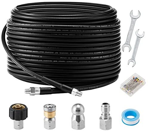 M MINGLE 45M Kit getto fognario per idropulitrice, 1/4 di pollice NPT, naso a bottone e ugello rotante per fognatura, orifizio 4.0, 4.5, pressione 3600 PSI