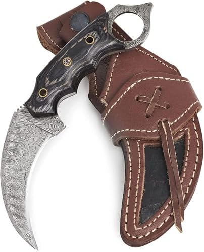 BIGCAT ROAR Desert Fox - Coltello Karambit in Acciaio Damasco Artigianale 19 cm - Manico in Legno Nero e Fodero in Cuoio - Lama Ricurva Hawkbill - EDC Bushcraft Caccia Sopravvivenza - Regalo Uomo
