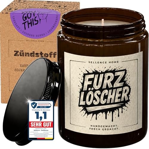 ZÜNDSTOFF lustige Duftkerze mit Spruch Furzlöscher im Glas, 70 Std, 210 g | Geschenke für Frauen, Männer, Hundebesitzer, Freund, Partner, Papa, Opa, Sojawachs, vegan, Lavendel, Geschenkbox, plastikfrei