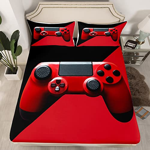 Gamepad-Spannbetttuch für Schlafzimmer, Videospiel-Bettlaken, Kinder, Jungen, Spieler, Gaming-Bettwäsche-Set, modernes Gamer-Bettwäsche-Set, Mädchenzimmer, Schlafsaal-Dekoration mit 2 Kissenbezügen,