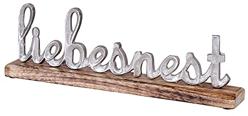 levandeo Schriftzug Liebesnest L40cm Metall Silber Mango Holz Deko Aufsteller Tischdeko Wohndekoration Romantik Liebe Geschenk
