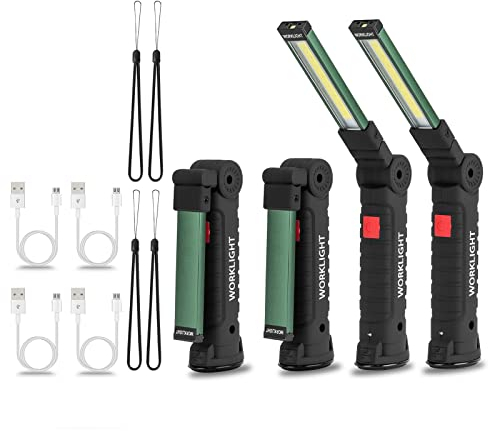 Vagocom Rechargeable Battery Powered Torches, LED Super Bright Flashlight Tools COB Work Light Portable Inspection Lamps with Hook and Tail Rope for Gift,Garage,Workshop,Camping and Emergency(4 Pack)