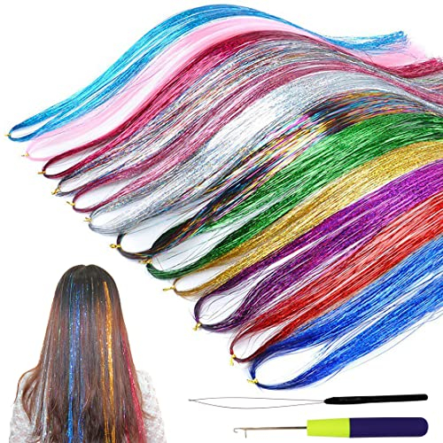 DUTWROY Haar Lametta Echthaar Stränge 12 Farben Hair Tinsel Extensions Glitter Glitze Haare Lametta Mit Werkzeugen Für Weihnachten Halloween Cosplay Party