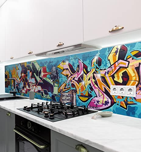 MyMaxxi Küchenrückwand Folie selbstklebend matt - einfache Montage ohne Bohren 0,4mm stark Versteift - Motiv Graffiti 1 60cm hoch - Spritzschutz Küche Klebefolie - Bunt Schrift 180 x 60cm
