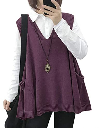 Janein Damen Pullunder ärmellos V Ausschnitt Stricken Weste Oversize Strickweste Beheizbare Tank Top Pullover WM9DE