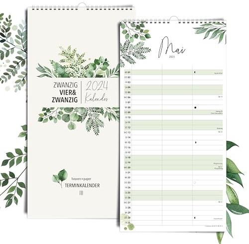 heaven+paper Familienplaner 3 Spalten Eukalyptus grün - Kalender für zwei 2025 mit Feiertagen, Schulferien, Mond - Wandkalender 2025 Paarplaner (42x21cm) Planer vom Familien-Unternehmen aus Bayern