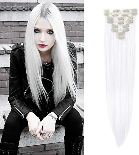 Cybelleza Clip in Extensions wie Echthaar Haarverlängerung Haarteil 8 Teile Set Glatt Lang Günstig Haarverdichtung Synthetische Haare für Frauen 60cm (Weiß)