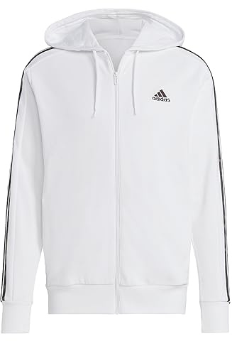 adidas Men's Essentials French Terry 3-Stripes Full-Zip Hoodie, White/Olive Strata, XL