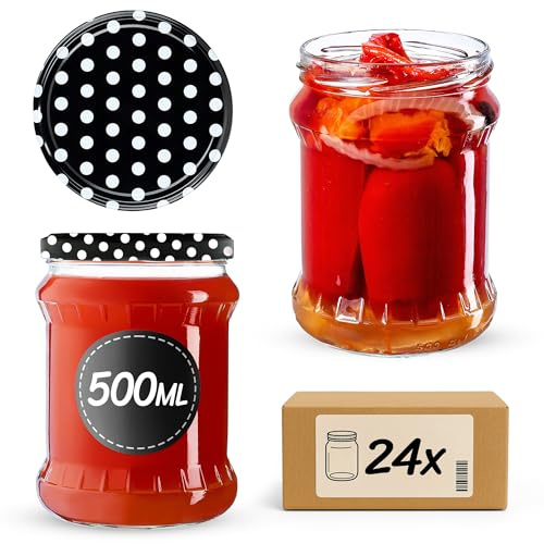 KADAX 24er Set Einmachgläser 500ml TO82 Schwarz Gepunktet, Sturzgläser Mason Jar mit Schraubdeckel, Luftdichte Twist-off Gläser, Meal Prep, Overnight Oats, Sauerteig