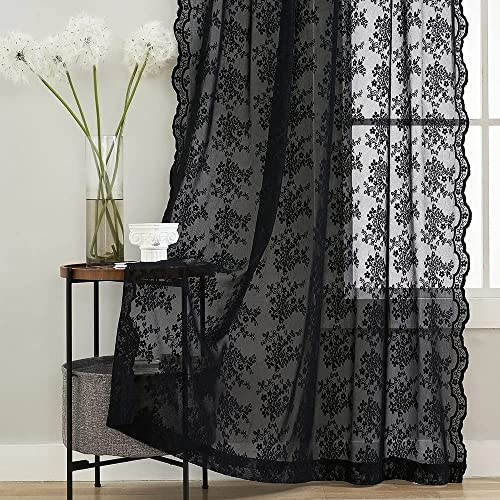 Schwarze florale Spitzen-Standlichtvorhänge für Haustür, 183 cm lang, Sarg/Dunkel/Halloween/Gruselig/Totenkopf/Stimmung/Hexe/Gruselige Raumdekoration, 132 cm Bx183 cm L