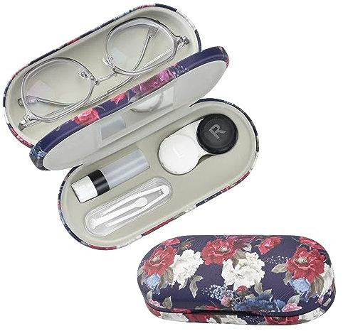 Zettokete 2 in 1 Contact Lens and Glasses Case,Double Sided Dual Use Design with Mirror, Tweezer and Contact Lens Solution Bottle,Portable Soak Storage Kit for Travel,Office(Evening Blue & Peony)