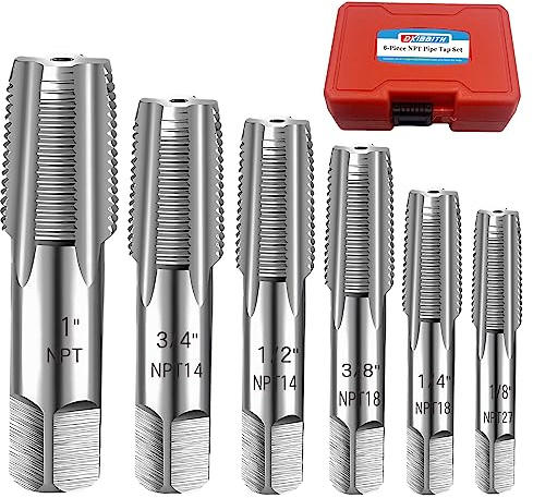 6-Piece NPT Pipe Tap Set, 1, 3/4, 1/2, 3/8, 1/4, 1/8 NPT Tap Set, Carbon Steel Hand Threading Plumbing Tap Set for Accurate Threads, Assorted Plumbers Mechanics DIY Thread cutting tools