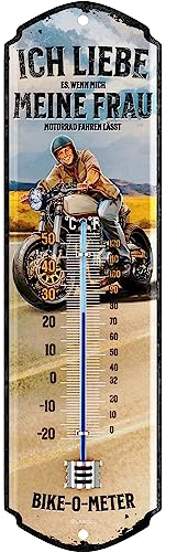 LANOLU Retro Blechschild MOTORRADFAHRER THERMOMETER Ich Liebe meine Frau Motorrad Geschenke für Männer Biker Geschenk - lustige Sprüche Schild für Werkstatt und Garage 8x28cm