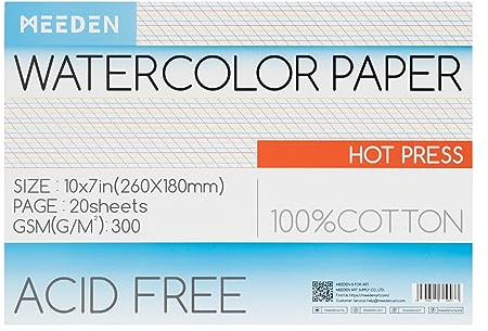 MEEDEN Aquarellpapierblock, 100% Baumwoll-Aquarellpapierblock mit 20 Blättern, 140lb/300gsm, säurefreies Kunstpapier für Aquarell, Gouache, Tinte und mehr, 25,4 x 17,8 cm, Heißpresse