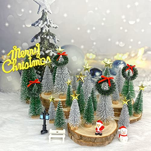 Miniature Christmas Tree, Mini Ornaments Desktop Trees, Miniture snowing pine trees with Wooden Bases For Xmas Holiday Party Home Decor