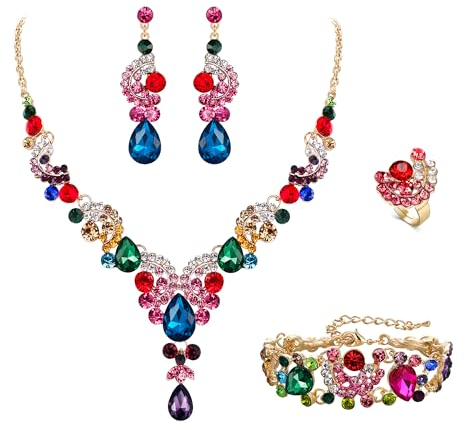 EVER FAITH 4 Stück Schmucksets für Damen Party Hochzeit Braut Strass Kristall floralen Welle Teardrop Halskette baumeln Ohrringe Armband Ring Set Mehrfarbig Gold-Ton