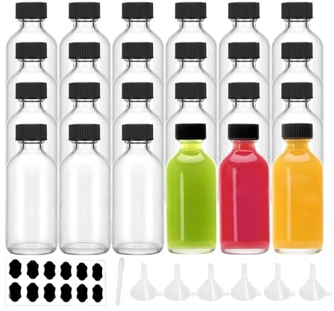 YBCPACK 24 Stück Kleine Flaschen zum Befüllen 60ml Mini Shot Glasflaschen mit Trichter, Etiketten und Stift, Perfekt für Ingwer, schnaps, Likör und andere drinks