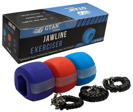 GTAN Jawline Exerciser, Jaw Trainer (UK Fitness Brand) Pack of 3 (30, 40 and 60 LBS Resistance), 12 Biting Strips & 3 Necklaces, Build and Strengthen Your Jaw for an Enhanced Facial Definition