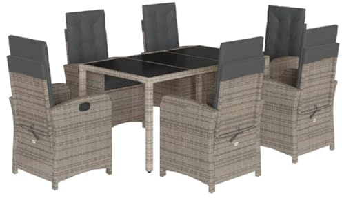 vidaXL Garten Essgruppe 7-TLG., Gartenmöbel Set Tisch mit 6 Stühle, Gartengarnitur mit Kissen, Sitzgruppe Essgarnitur Terrasse, Grau Poly Rattan