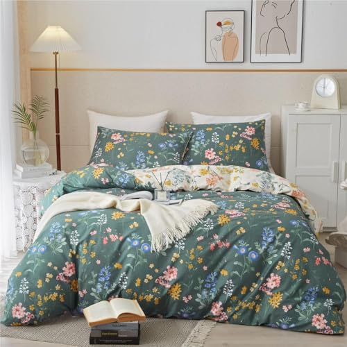 Freyamy Bettwäsche 155x220cm 2teilig Grün Dunkelgrün Bunt Blumen Blätter Pflanzen Wendebettwäsche Floral Mädchen Bettwaren-Sets 100% Microfaser Bettbezug mit Reißverschluss und Kissenbezug 80x80cm