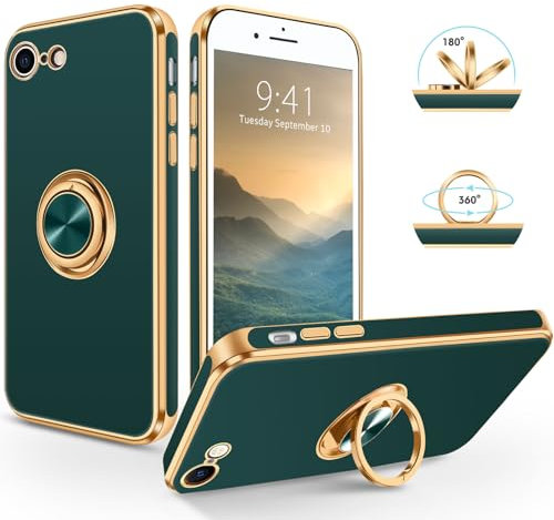 SouliGo Hülle kompatibel mit iPhone 7/8/ iPhone SE 2020 2022 Hülle Slim Weiche TPU Silikon Case mit 360 Grad Ring Halter Ständer stabil Kratzfest Hülle für iPhone 7/8/SE 2020 2022 Grün Gold