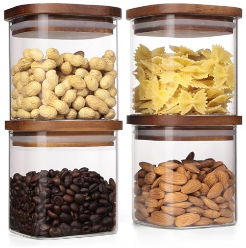 QuaLife Lot de 4 bocaux de conservation (500 ml) avec couvercle en bois – Contenants hermétiques en verre borosilicaté – Bocaux empilables pour muesli et pâtes – Rangement carré