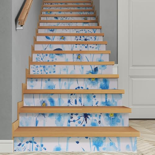 Treppenaufkleber,14PCS 100x18CM Selbstklebend Treppenstufen Wandmalerei Vinyl Treppe Steigleitung Abziehbilder,Antirutsch Sticker,Abnehmbar Türaufkleber Türtapete Treppe (Blaue Blumen)