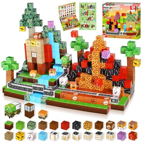 Goody King Magnetic Blocks-100Pcs Dinosaur Volcano Magnetic Building Blocks World Toys for Montessori Toddler Birthday Gifts for Age 3 4 5 6 7 8 9 10 Years old Boys & Girls