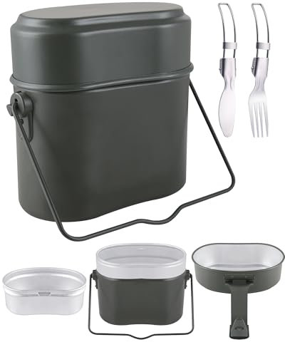Genround Camping Cookware Mess Kit,Camp Cook Set, Germany Military Green Mess Kit, 3 in 1 Aluminum Camp Pot, Lightweight Camping Pots and Pans Set