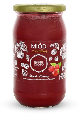 Honig mit Himbeeren 1050 g - 1 kg - Großes Glas - Bienenhonig - Europäischer Naturhonig - Hergestellt in der EU - Zum Süßen - Zuckerersatz - Für Backwaren