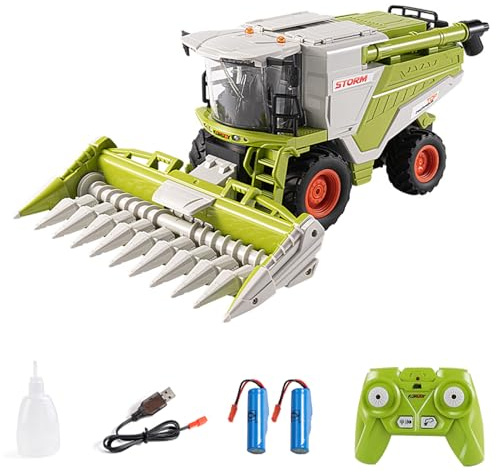 Kodbiby Remote Control Cars 1/24 Remote Control Combine Harvester 6-Channel 2.4GHz Spray LED Lights Sound Remote Control Tractor Toy Green Farm Toy Gifts for Teens Adults Corn Cutting Head 2 Batteries