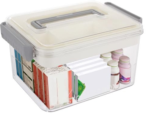 ZOFUN Medicine Box, 27 x 19 x 14.5 cm Medicine Storage Box with Handle, 2 Tiers First Aid Box with Buckles, Plastic Medication Storage Box for Home, Office Usage