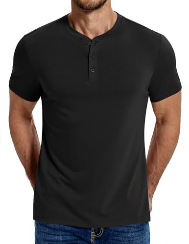 COOFANDY Henley Shirts for Men Grandad T Shirts Short Sleeve Lightweight Summer Tops Cotton Black L