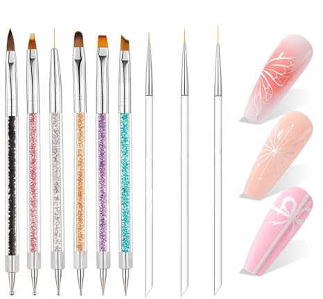 9pcs Nail Art Brushes Set – Dual-Ended Dotting Pens & Detail Liner Brushes for DIY Nail Designs, Striping, Painting & Drawing, Professional Manicure Tools for Women & Beginners