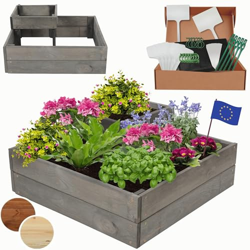 MODO24 Hochbeet Holz, Blumenkasten, Gartenbeet, 27x62x62cm, Grau | Robustes Kräuterbeet & Pflanzbeet aus Kiefernholz, Stufenförmiges Blumenbeet & Gartenbeet für Garten, Balkon & Terrasse