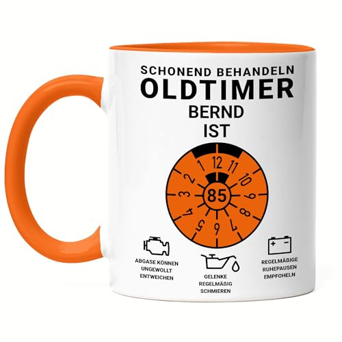 Kiddle-Design Personalisierte Tasse 85. Geburtstag, Schonend behandeln Oldtimer ist 85, 85ter Geburtstag Lustiges Geschenk Mann Frau, Tasse Orange