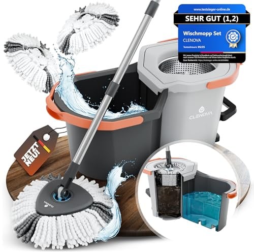 CLENOVA® Wischmopp Set mit Eimer [Schmutzwasser Trennung] Bodenwischer mit Pedal-Auswringfunktion & 2 Mikrofaserbezügen – Mop Set für alle Bodenarten
