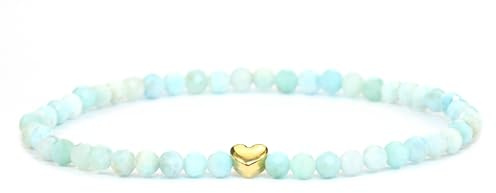 LAKADA Echtes Edelstein Armband mit facettierten 4mm Perlen und Edelstahlherz Heilstein Schutzstein Edelsteinarmband Glücksbringer Talisman Geschenk
