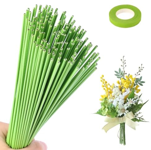 msymsyu 100 Stück Grün-Basteldraht 2mm×30cm Blumenstängel Draht | Hellgrün Flexibel Blumendraht, mit 1R 12mmx30m Floristenkrepp für Wrapping Blumensträuße und Floralen Handwerken