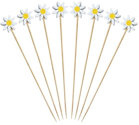 FSSTUD 100 Pcs 12 cm Daisy Flower Cocktail Picks Cute Flower Cupcake Toppers Wooden Appetizer Picks Birthday Party Food Sticks Fancy Drink Toothpicks Decorative Fruit Skewers