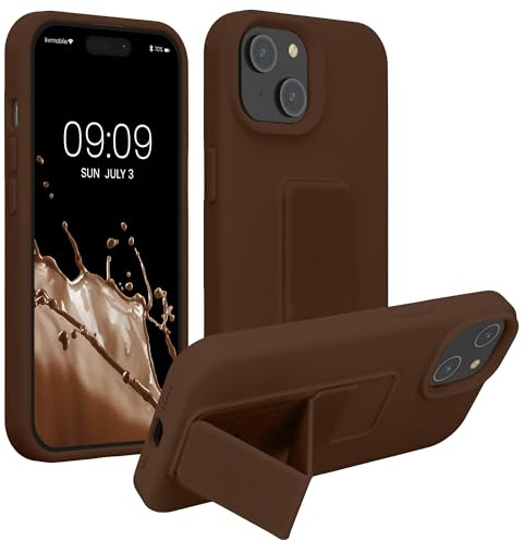 kwmobile Case for Apple iPhone 15 Case - Soft TPU Cover with Silicone Coating - With Hand Strap and Stand Function - Shockproof - Chocolate